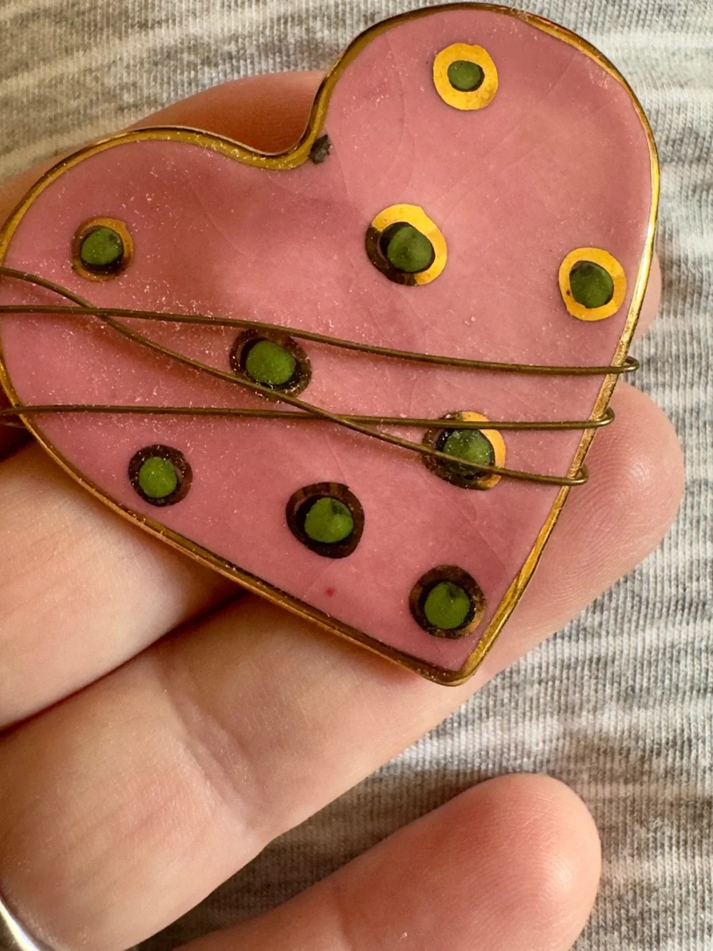 Whimsical Wire Wrapped Pink Heart Enamel Pin with gold trim and Green Dots